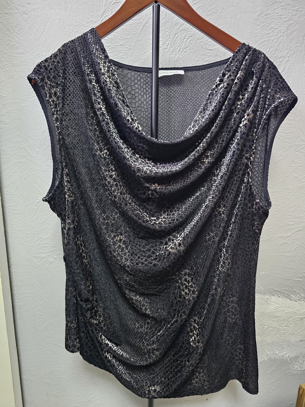 Sleeveless Draped Metallic Black Top by Calvin Klein